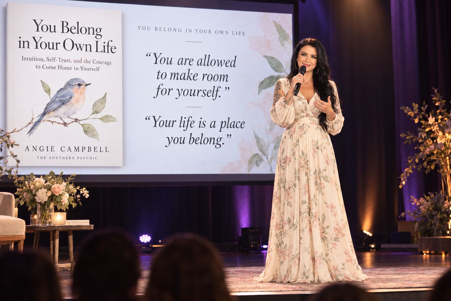 Angie Campbell speaking onstage about her book You Belong in Your Own Life